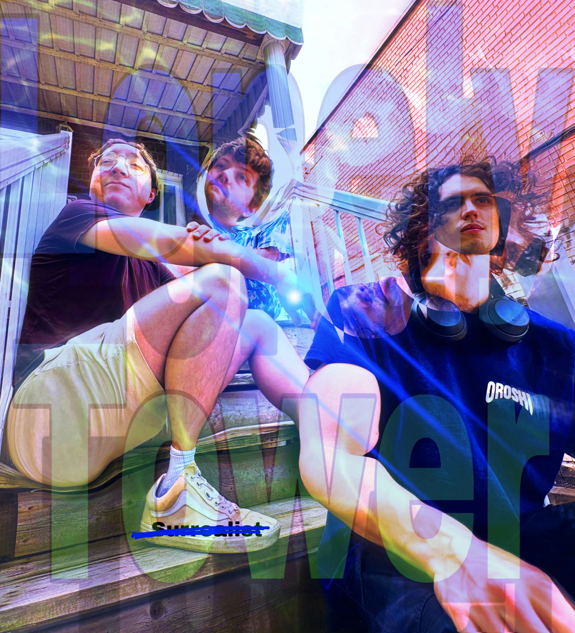 3 goons sit on porch steps, their proportions humourously digitally adjusted out of proportion.